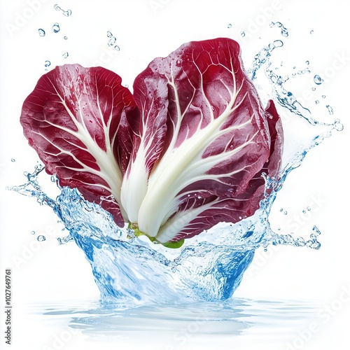 Fresh radicchio lettuce diving into water with splash, isolated white photo