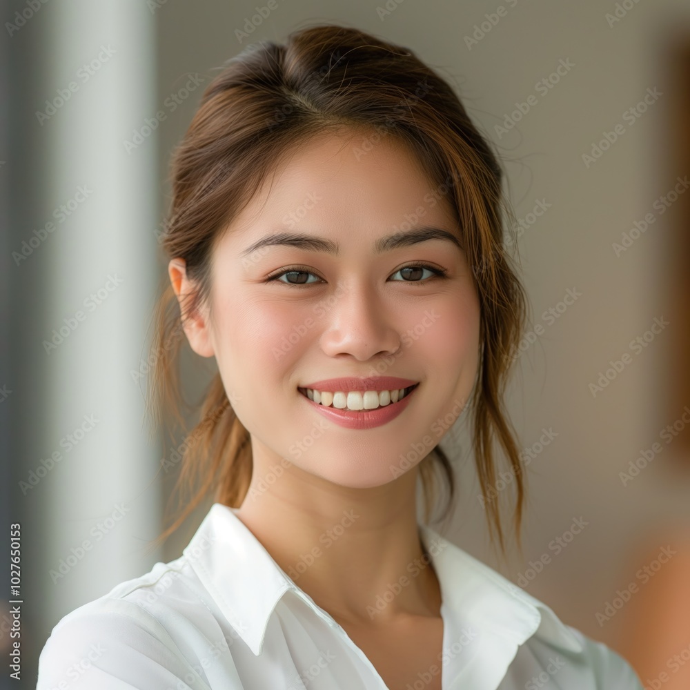 A confident Asian woman smiles warmly in a professional setting, radiating positivity and approachability A confident Asian woman smiles warmly in a professional setting, radiating positivity and approachability