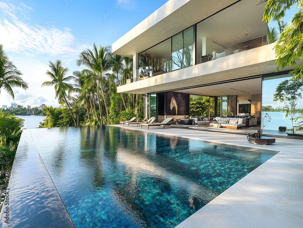 Fototapeta premium Modern Minimalist Cubic Villa with Large Swimming Pool