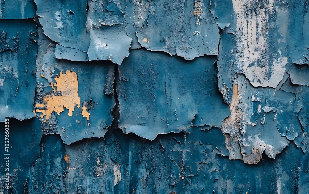 A textured blue wall shows peeling paint, revealing layers of color and weathered surfaces, creating a rustic and artistic appearance.