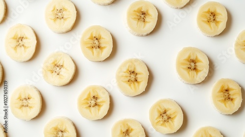 A pattern of sliced banana on a white background.