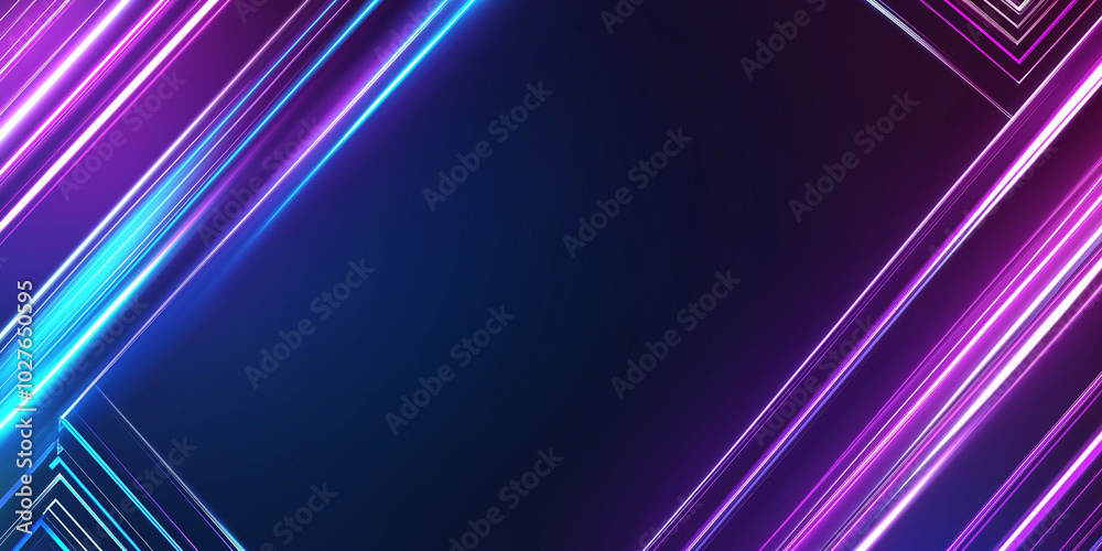 Abstract neon background featuring glowing lines creating geometric shapes with copy space