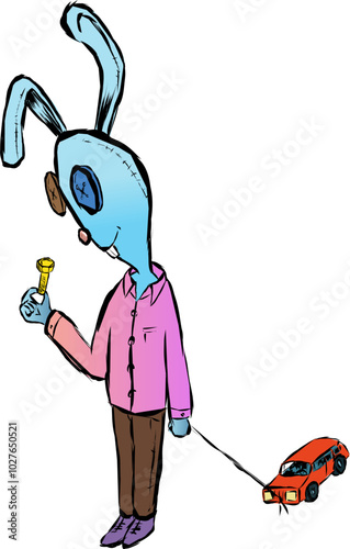 A toy blue hare examines a bolt in his hand. a toy is tied on a string. Vector illustration