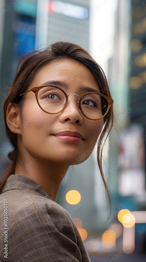 A professional Asian woman with glasses smiles while exploring the vibrant atmosphere of the city A professional Asian woman with glasses smiles while exploring the vibrant atmosphere of the city