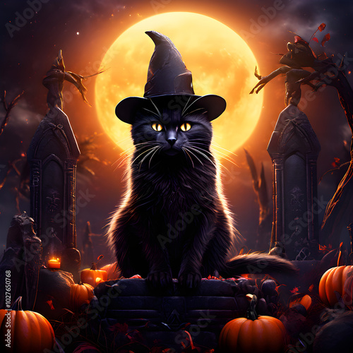 Black Kitty Cat Witch in Jack O Lantern Pumpkin Field Halloween Horror Pet Animal Cosplay Magical Spooky Autumn Seasonal Holiday Full Monn Backdrop photo