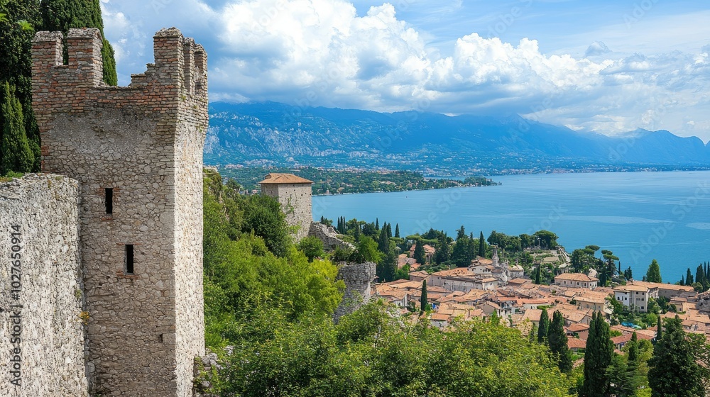 Obraz premium Scenic View of Rocca Scaligera Castle by Lake Garda