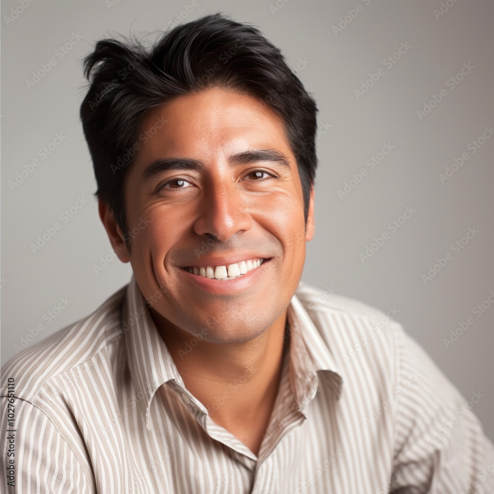 A cheerful Hispanic man wearing a striped shirt expresses joy and friendliness A cheerful Hispanic man wearing a striped shirt expresses joy and friendliness