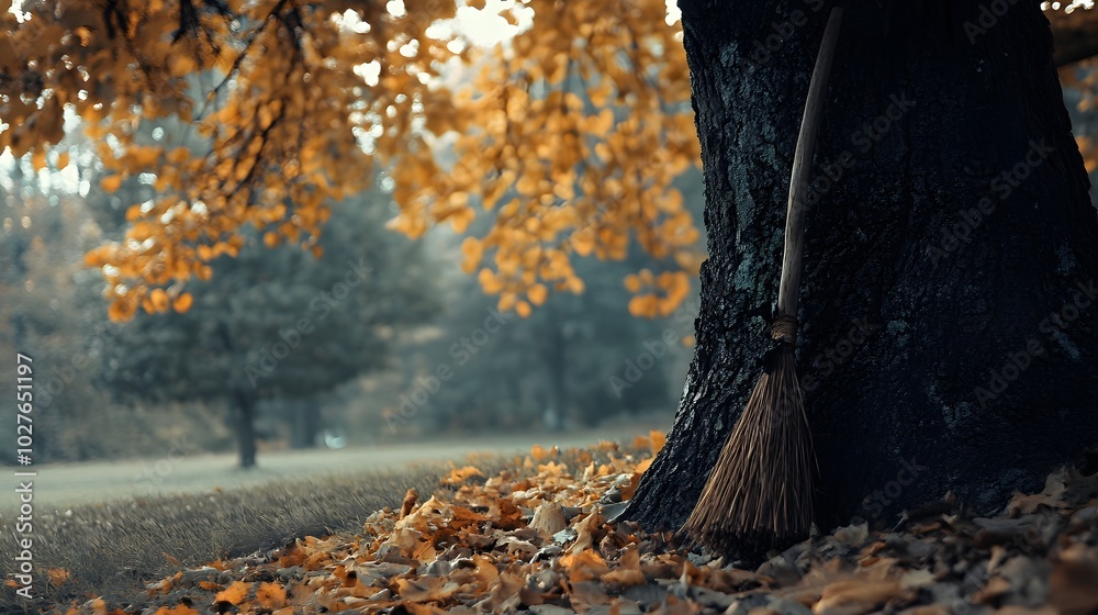 Obraz premium 4. A witch's broomstick leaning against a tree