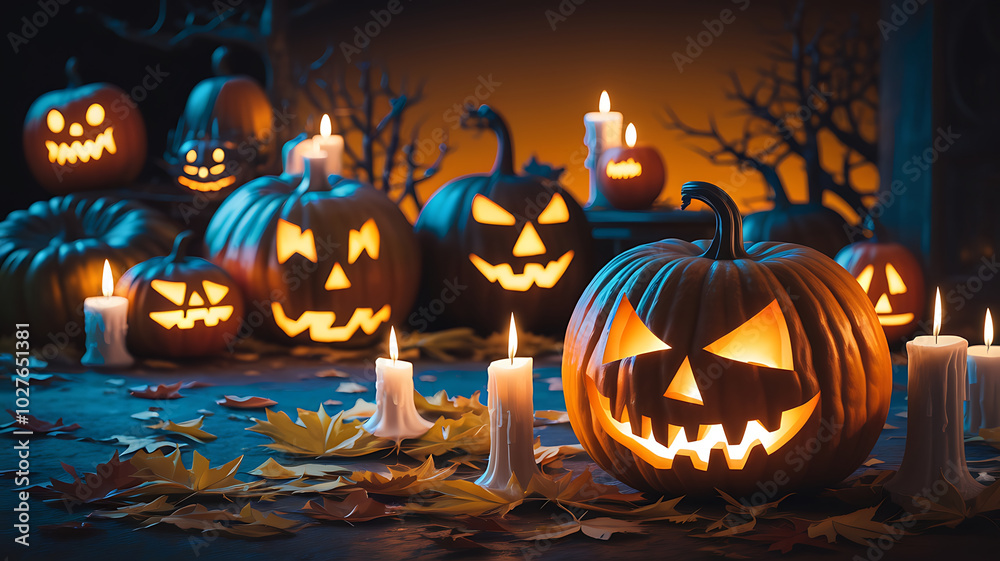 Fototapeta premium Jack-o'-lanterns and candles, Halloween scene. 