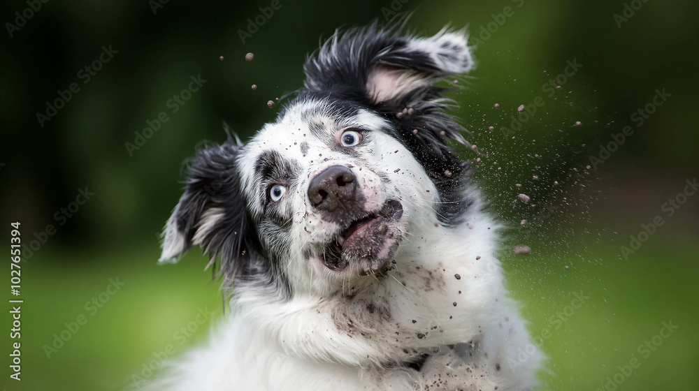 Border collie dog shaking off mud with funny expression Border collie dog shaking off mud with funny expression