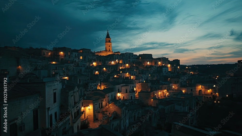 Evening Lights of Matera Reflecting in the Night Sky Evening Lights of Matera Reflecting in the Night Sky