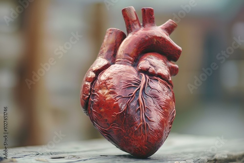 A red heart sitting on top of a wooden table