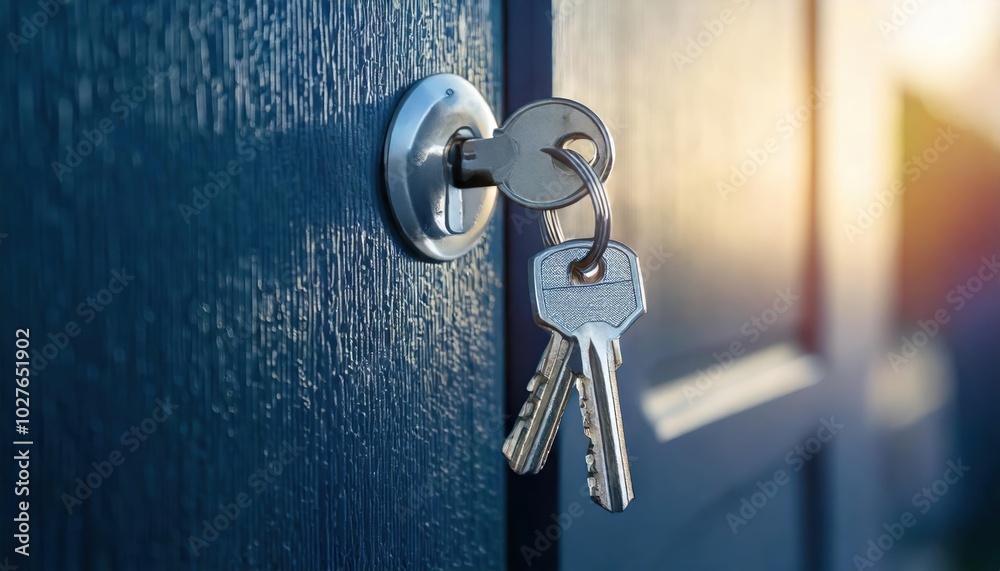 Selective focus-Keys stuck in a lock with door. Selective focus-Keys stuck in a lock with door.