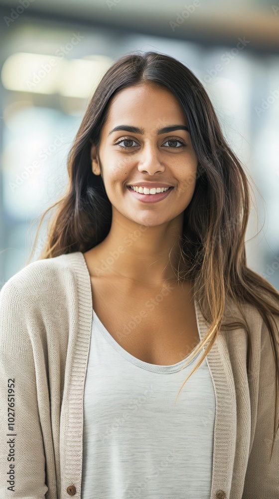 A cheerful young woman in casual attire exudes positivity and professionalism in a modern setting A cheerful young woman in casual attire exudes positivity and professionalism in a modern setting