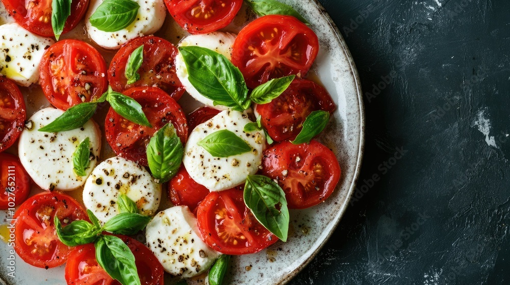 Fresh Caprese Salad with Juicy Tomatoes and Basil Leaves Fresh Caprese Salad with Juicy Tomatoes and Basil Leaves