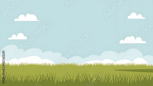 Green grass and blue sky with white clouds, a simple illustration for spring and nature themes. 
