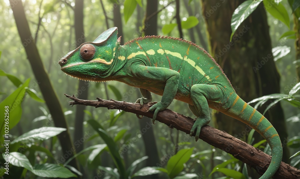 Close-Up of Chameleon Resting on branch in Lush Jungle Dense Wild Tropical Forest environment Close-Up of Chameleon Resting on branch in Lush Jungle Dense Wild Tropical Forest environment