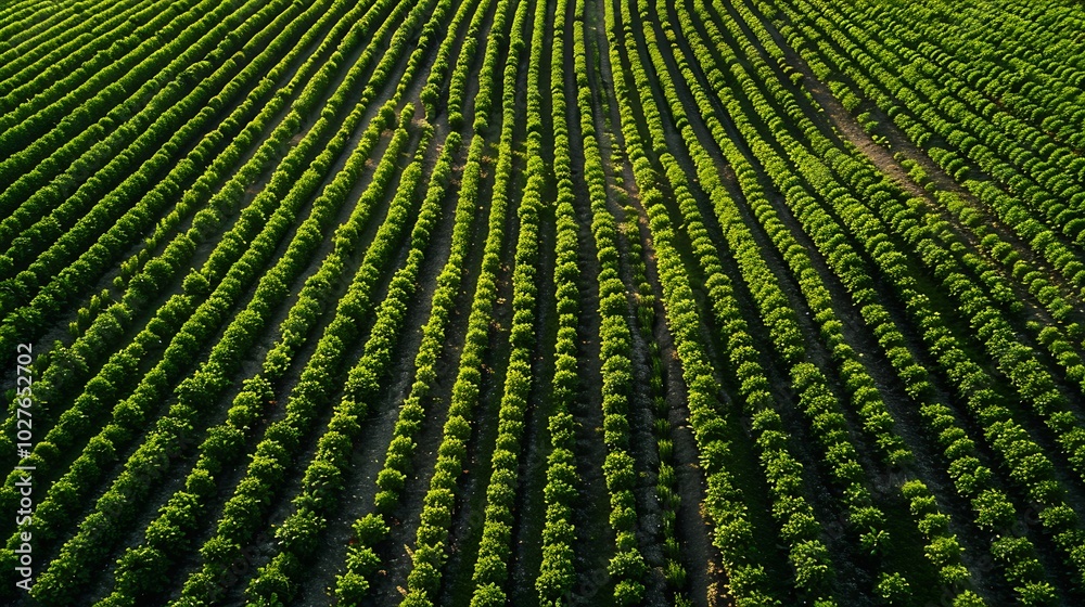 Drone view of a large asparagus field with neat rows of green stalks rising above the soil in a linear arrangement Drone view of a large asparagus field with neat rows of green stalks rising above the soil in a linear arrangement