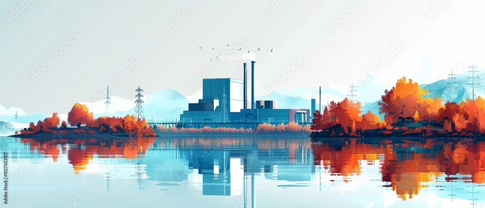 Fototapeta premium Serene Industrial Landscape with Reflections in Water