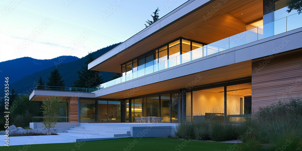Modern luxury home overlooking mountains at twilight Modern luxury home overlooking mountains at twilight