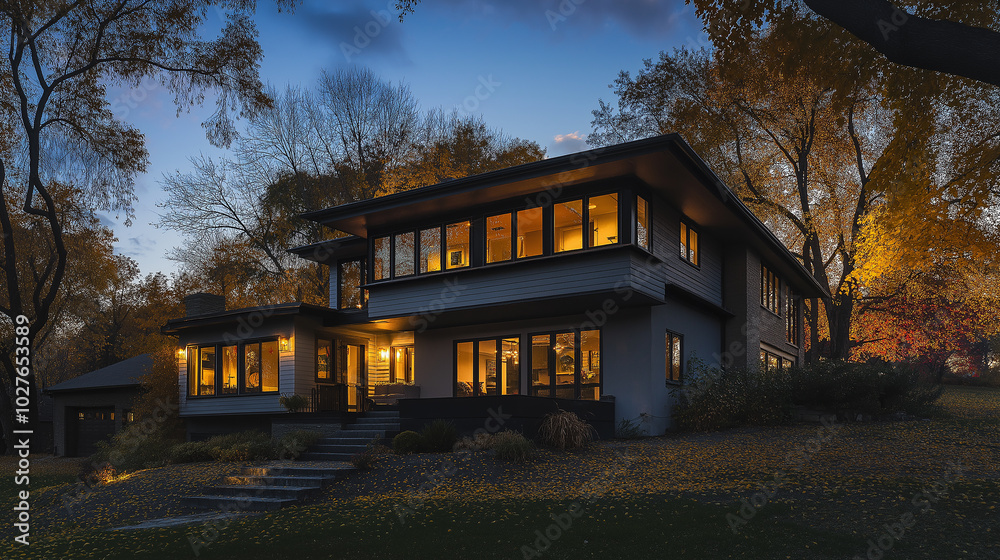 Obraz premium Modern house exterior with lights glowing at twilight in autumn