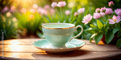 Mug and saucer on a wooden table in the garden on a background of flowers