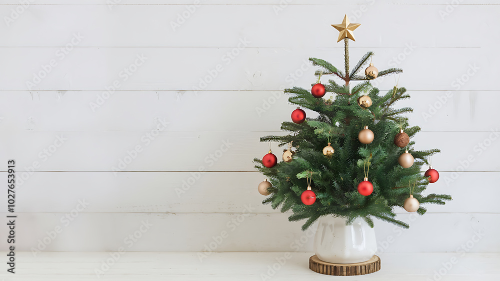 Minimalist Christmas tree with red and gold ornaments on white wood background for holiday design.
Minimalist Christmas tree with red and gold ornaments on white wood background for holiday design.