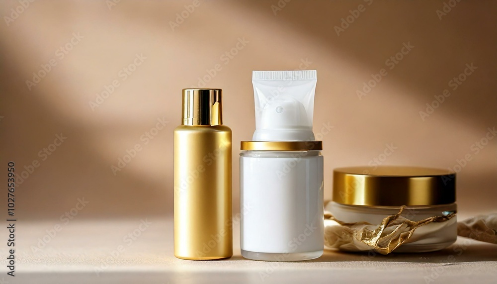 Close-up of luxurious skincare products with gold caps and white packaging, exuding elegance and sophistication in beauty care. Close-up of luxurious skincare products with gold caps and white packaging, exuding elegance and sophistication in beauty care.