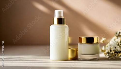 Close-up of luxurious skincare products with gold caps and white packaging, exuding elegance and sophistication in beauty care. photo