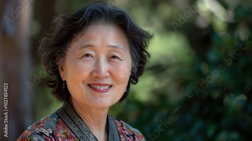 A cheerful Korean woman around 55 enjoys the outdoors in natural lighting