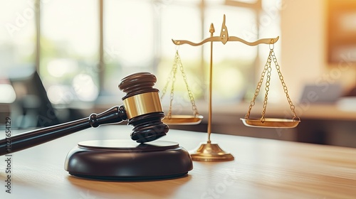 Legal Gavel and Scales of Justice in Courtroom Setting