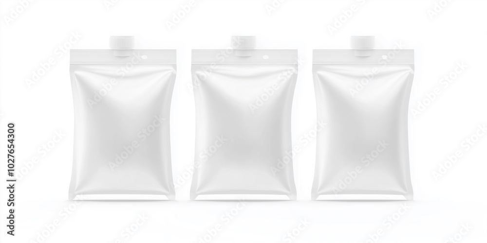 Three white doy pack mockup standing isolated on white background Three white doy pack mockup standing isolated on white background