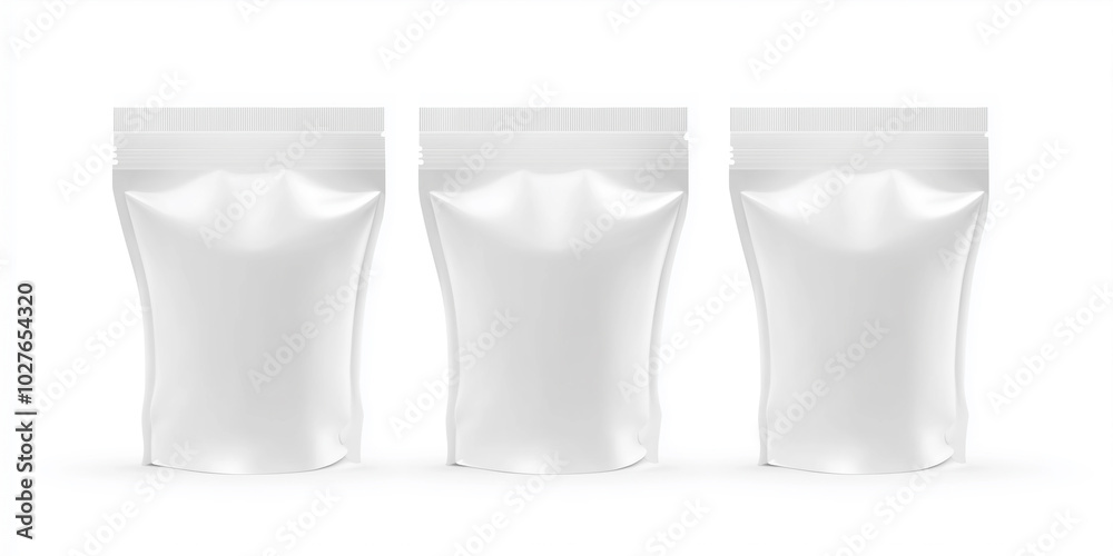 Three blank white doypack packaging stand up pouches mockup showing front view Three blank white doypack packaging stand up pouches mockup showing front view