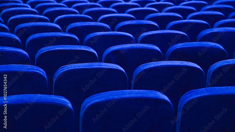 Blue empty seats in the audience prepared for the participants of the conference or presentation Blue empty seats in the audience prepared for the participants of the conference or presentation