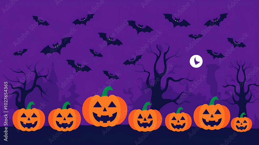 Smiling orange pumpkins and black bats on a purple background, Halloween festive design. 
