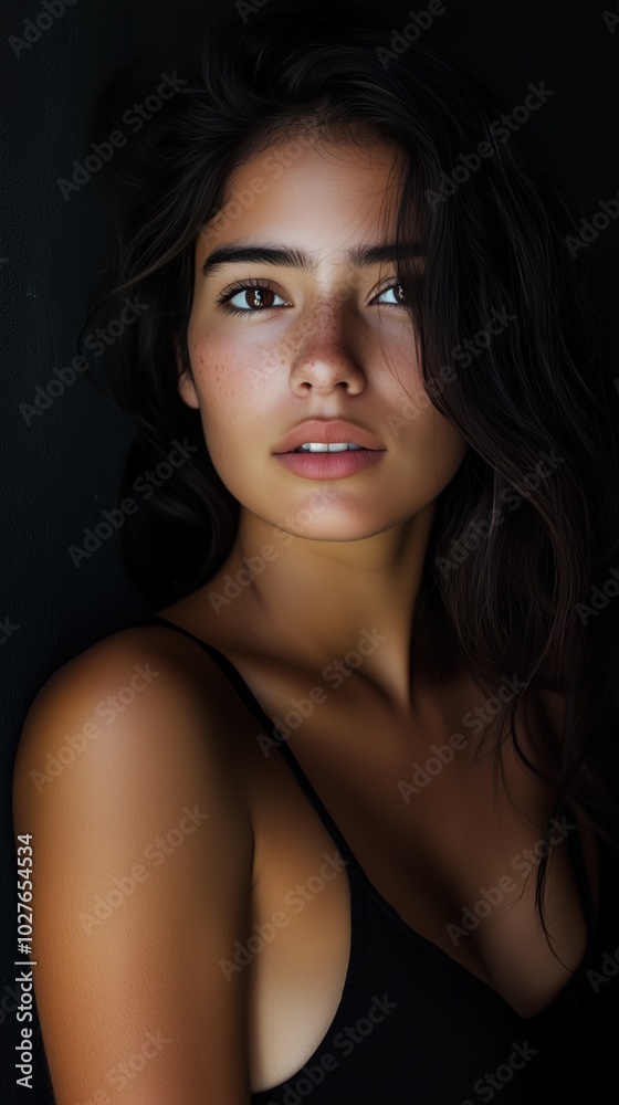 A young Latina woman showcases her charm in soft natural light A young Latina woman showcases her charm in soft natural light