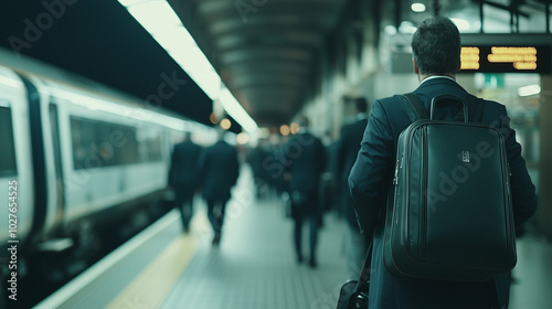 A scene of businesspeople with their carry-on bags at a busy train station, emphasizing the theme of travel and efficiency, without visible faces. photo photo