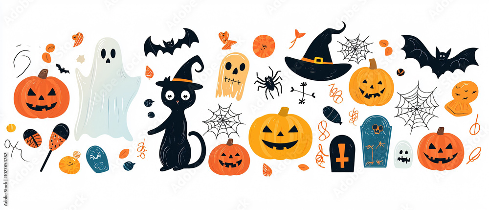Obraz premium Halloween themed decorations featuring pumpkins, ghosts, bats, and black cat create festive atmosphere. Perfect for celebrating spooky season!