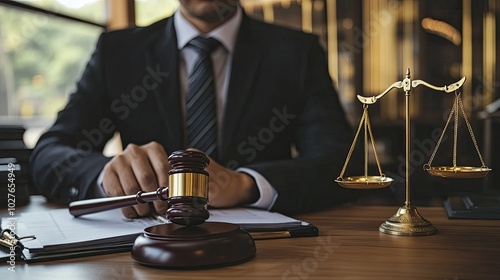 Legal Advisor Sitting at Desk with Gavel and Scales