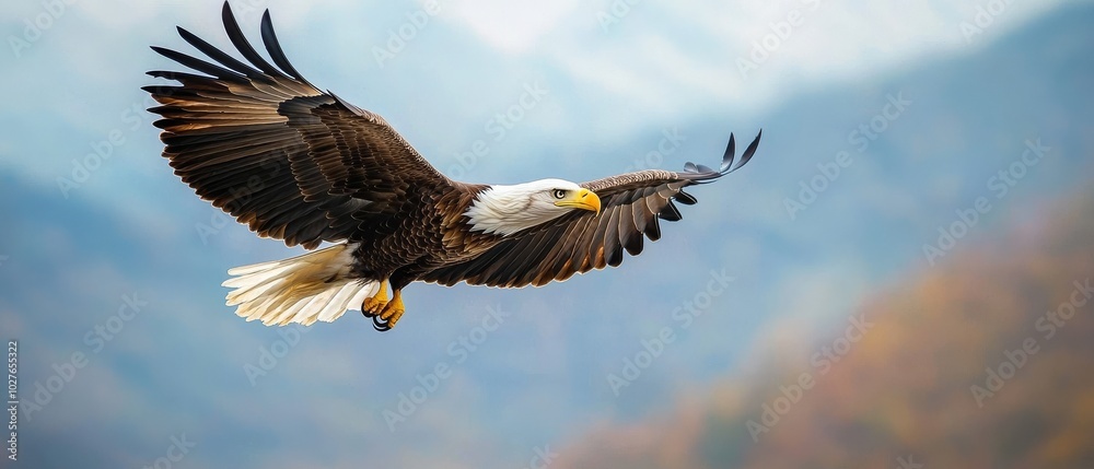 Fototapeta premium Bald eagle soaring gracefully in the sky against a soft-focus background.