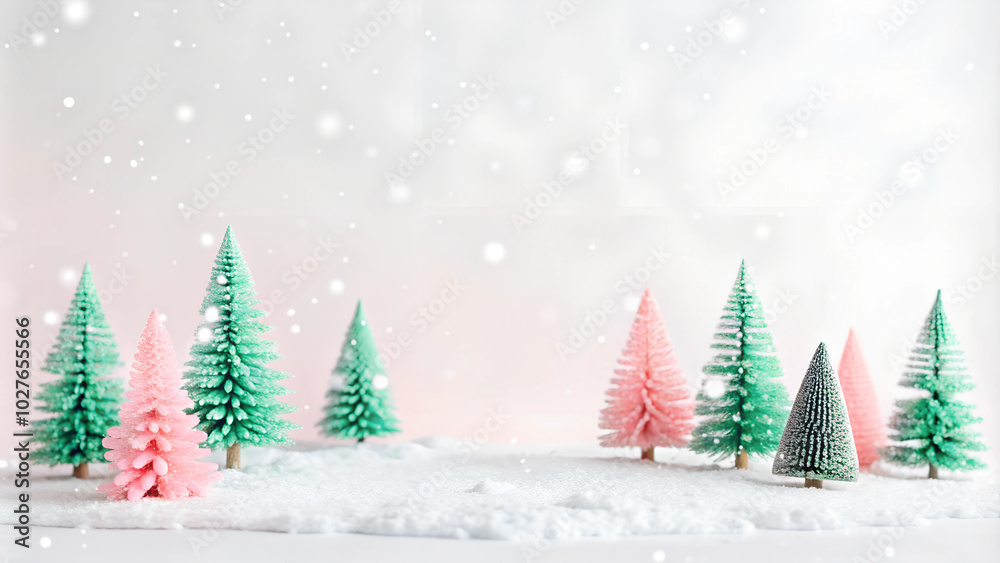 Miniature colorful Christmas trees in a snowy landscape with falling snowflakes and soft pastel background and copy space Miniature colorful Christmas trees in a snowy landscape with falling snowflakes and soft pastel background and copy space