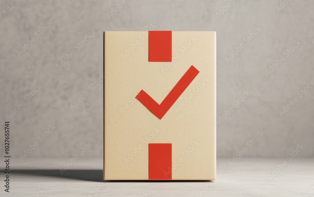 Cardboard box with checkmark symbol, isolated on a neutral background. Cardboard box with checkmark symbol, isolated on a neutral background.