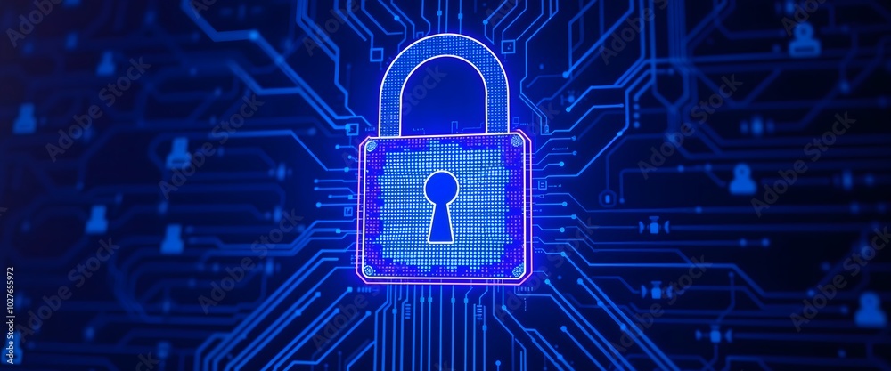 Vibrant image of a digital lock icon over a circuit board, with glowing blue lines and patterns. Cybersecurity digital data protection and network concept Vibrant image of a digital lock icon over a circuit board, with glowing blue lines and patterns. Cybersecurity digital data protection and network concept