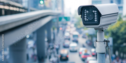 Outdoor cctv camera monitoring city traffic and pedestrians