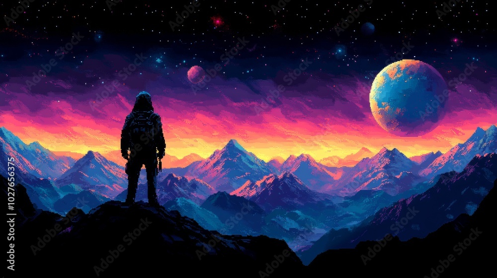 Silhouette of a lone figure standing on a mountain peak overlooking an alien landscape with a planet in the sky and a pixelated sky filled with stars Silhouette of a lone figure standing on a mountain peak overlooking an alien landscape with a planet in the sky and a pixelated sky filled with stars