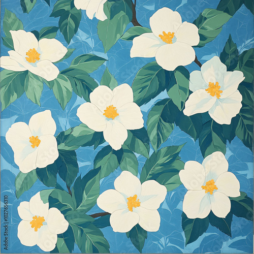 vibrant floral pattern featuring large white flowers with yellow centers against blue background, creating fresh and lively atmosphere. This design is perfect for adding touch of nature to any space