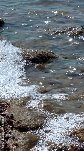 White foam on the water of the salty Kuyalnik estuary near Odessa, Artemia eggs on the shore photo