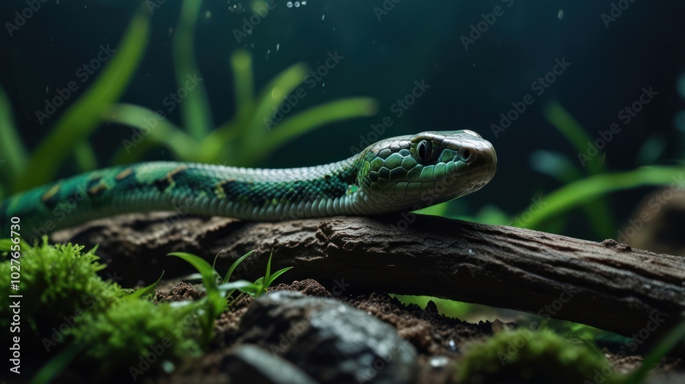 A green snake with yellow spots is perched on a log in a tropical rainforest environment, with green plants and moss surrounding it. The snake's head is A green snake with yellow spots is perched on a log in a tropical rainforest environment, with green plants and moss surrounding it. The snake's head is