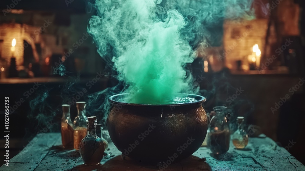Cauldron with green smoke, mystical atmosphere, dark background. Cauldron with green smoke, mystical atmosphere, dark background.