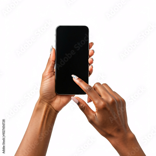 woman's hand holding black smartphone with blank screen on white background